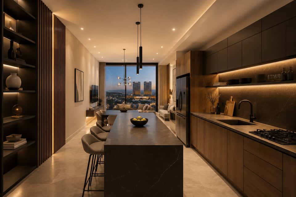 Recámara de casa de lujo en venta en la ciudad de Tijuana, México, con un ancho de 6.3 metros y una profundidad de 21 metros, con 4 niveles de construcción