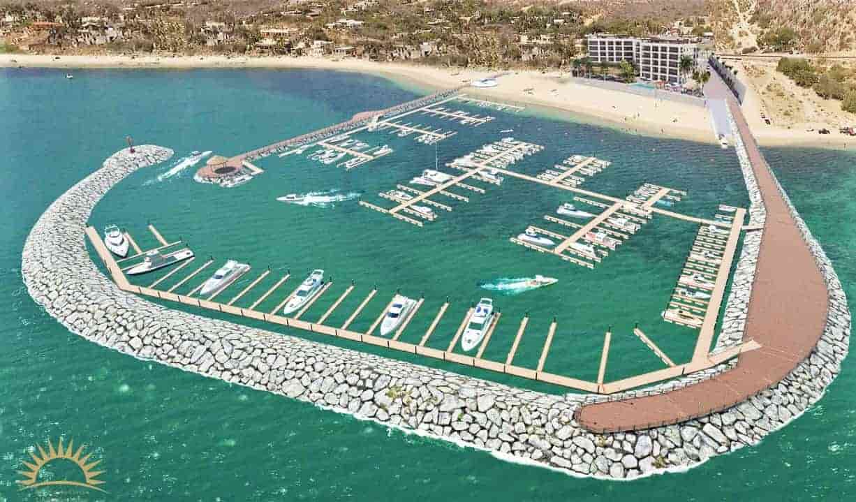Vista aérea de concepto de desarrollo de marina frente a terreno en venta en Los Barriles, Baja California, México