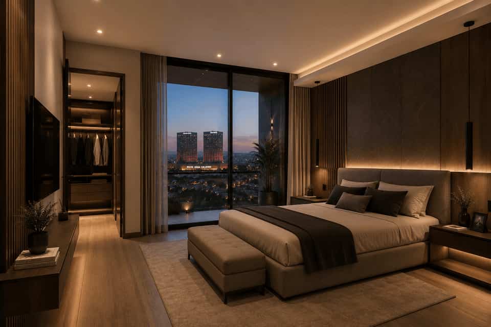 Recámara de casa de lujo en venta en la ciudad de Tijuana, México, con un ancho de 6.3 metros y una profundidad de 21 metros, con 4 niveles de construcción